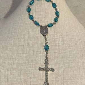 Vintage Elegant Silver and Teal Beaded Rosary Necklace